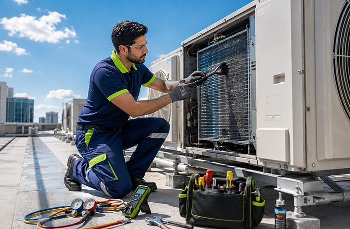 Limech technician cleaning the condenser coil of a rooftop AC unit, AC cleaning and preventive maintenance services in Dubai