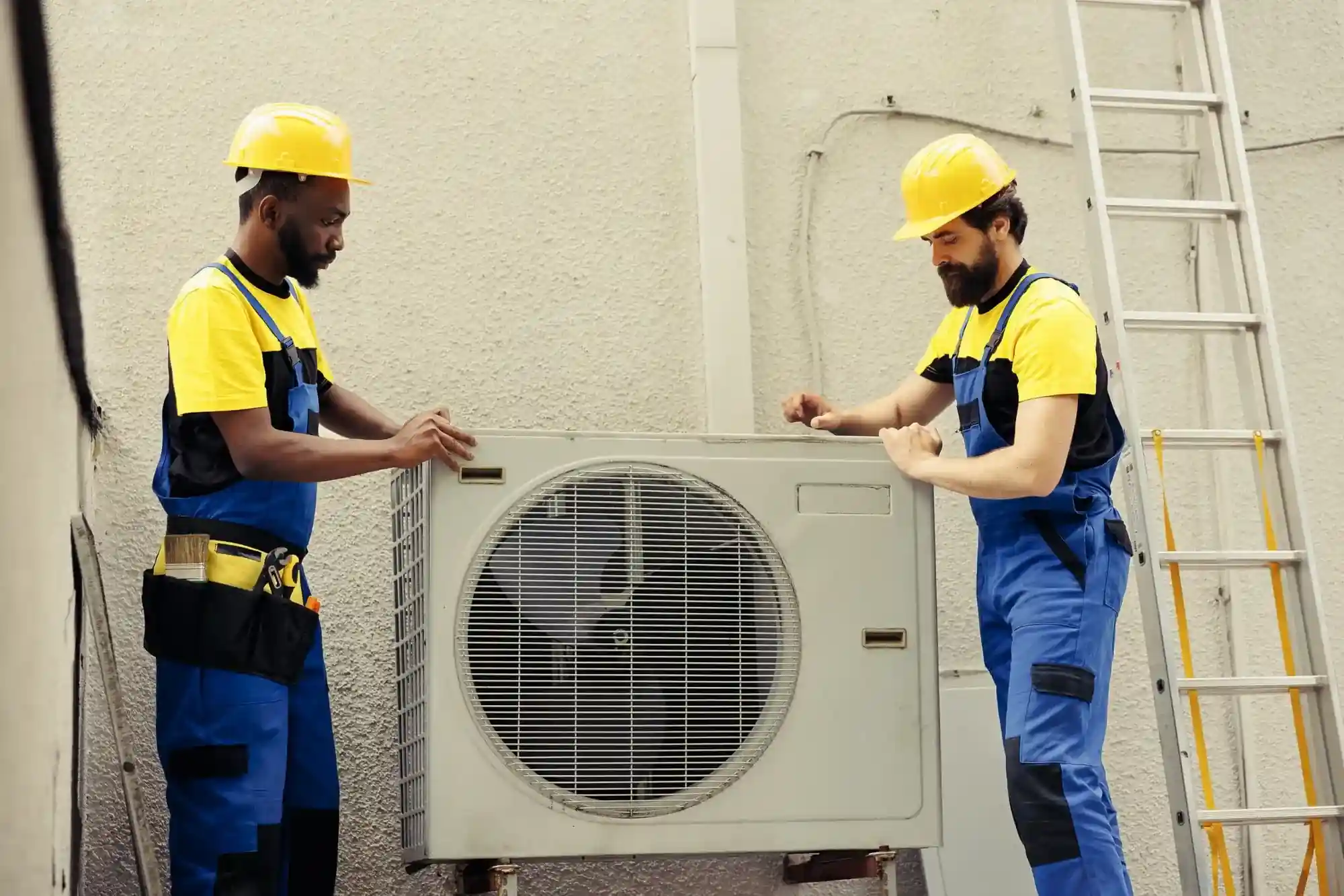 Two technicians installing an outdoor AC condenser unit on an exterior wall, AC installation and replacement services in Dubai by Limech