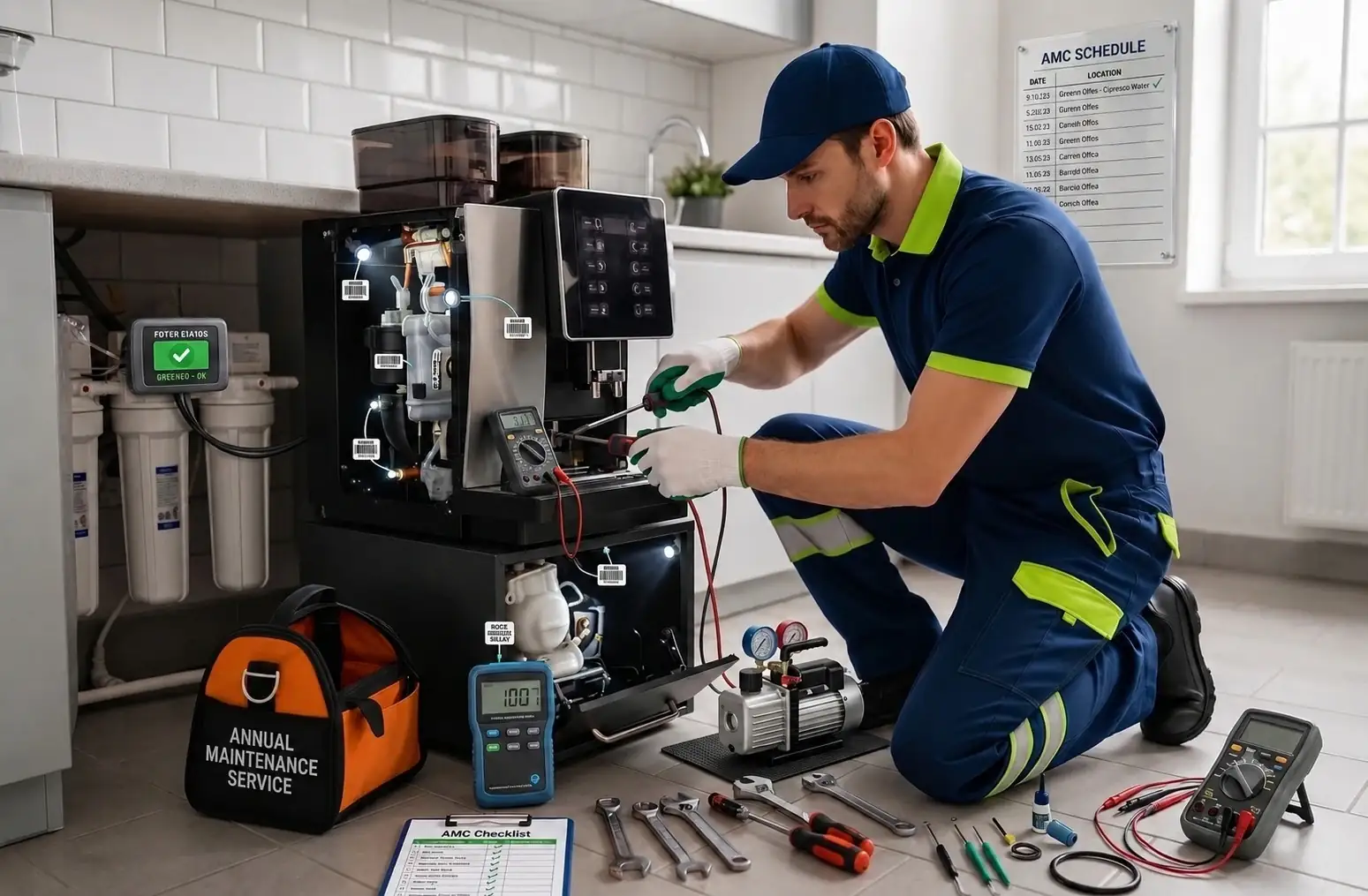 Limech technician carrying out scheduled equipment servicing with an AMC checklist, annual maintenance contract services in Dubai