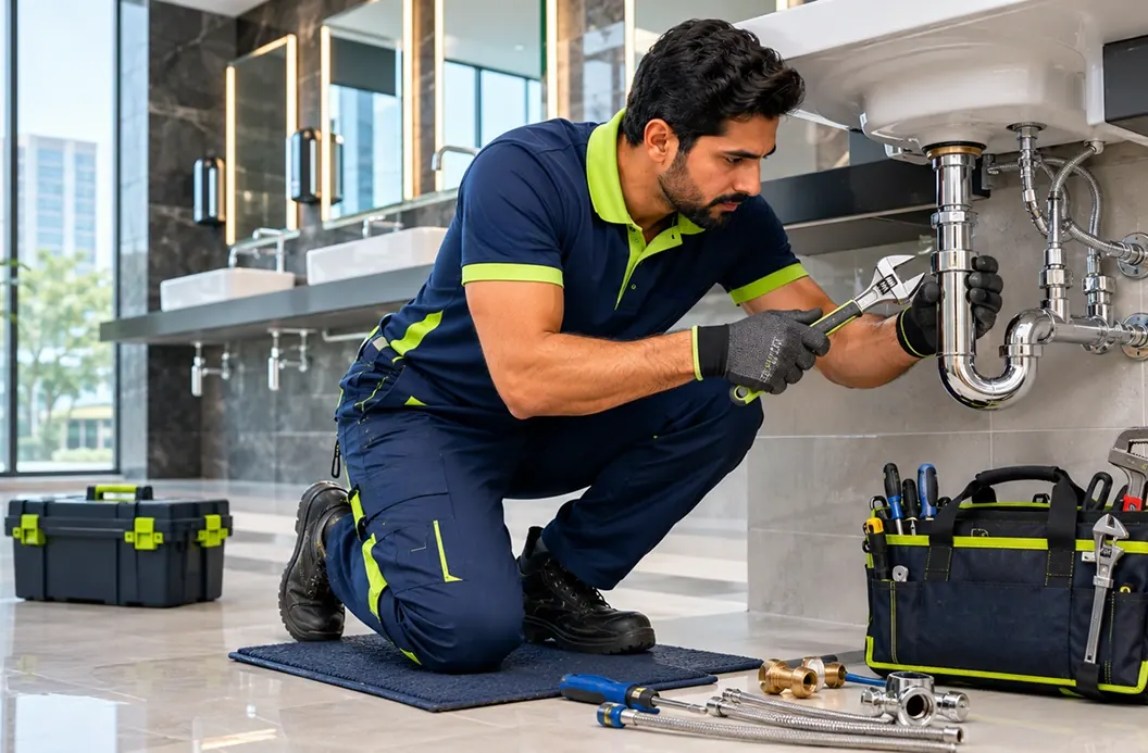 Limech plumber repairing a wash basin pipe in a commercial washroom, plumbing maintenance services in Dubai
