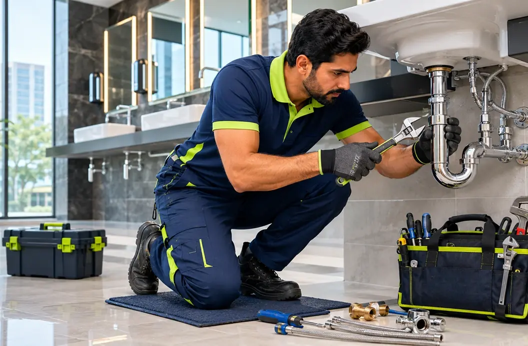 Limech plumber repairing a wash basin pipe in a commercial washroom, plumbing maintenance services in Dubai