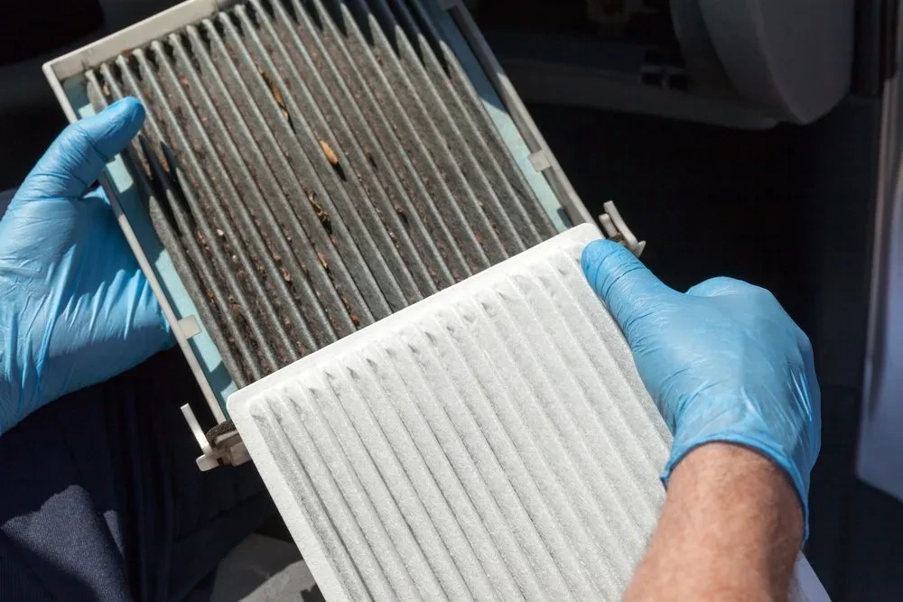 Dirty AC air filter compared with a new clean filter, AC filter cleaning and replacement services in Dubai by Limech