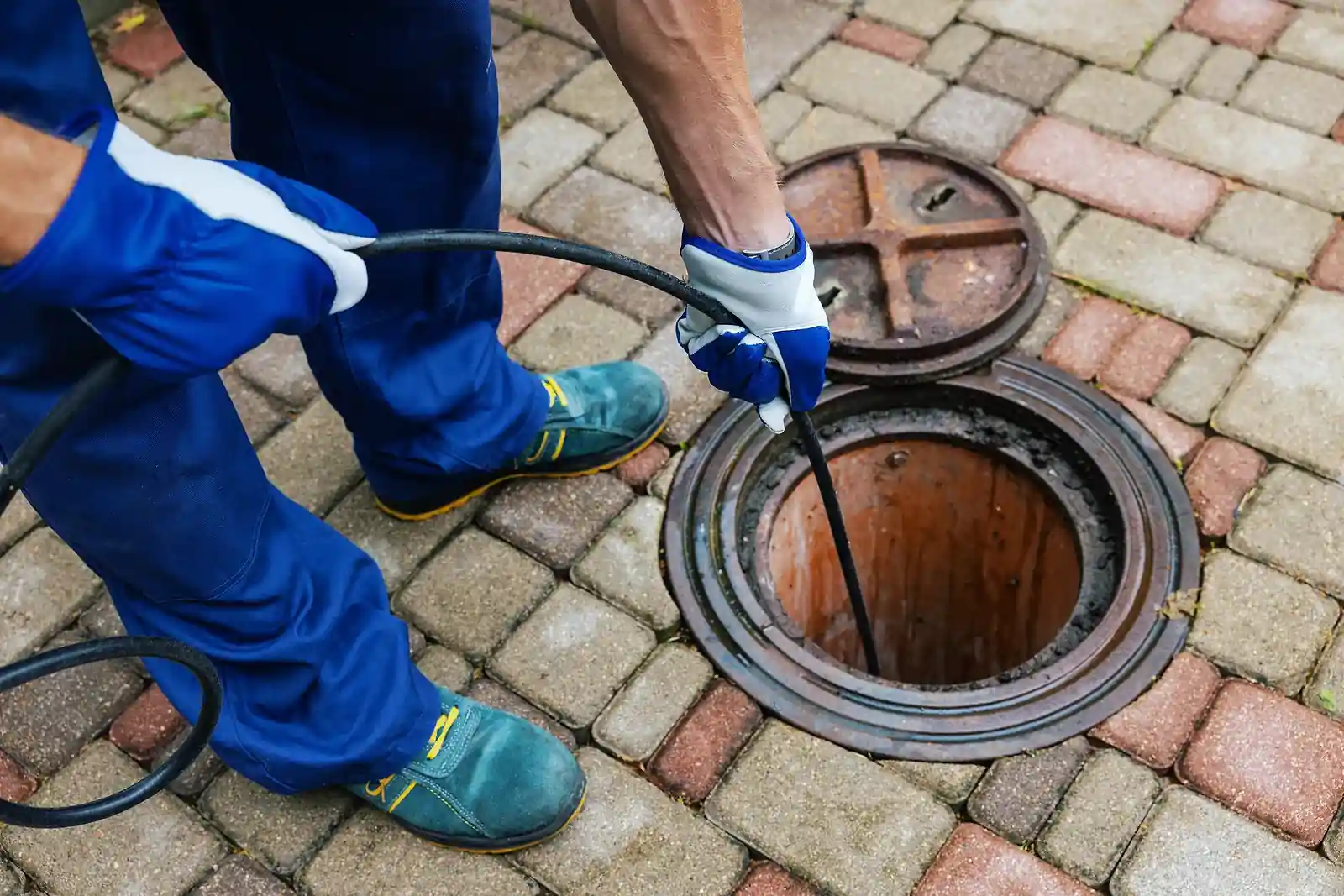 Plumber cleaning a blocked drain through a manhole with a drain cable, drain cleaning and unblocking services in Dubai by Limech
