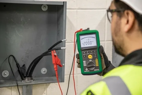 Technician testing electrical cables with an insulation resistance tester, electrical inspection and testing services in Dubai by Limech