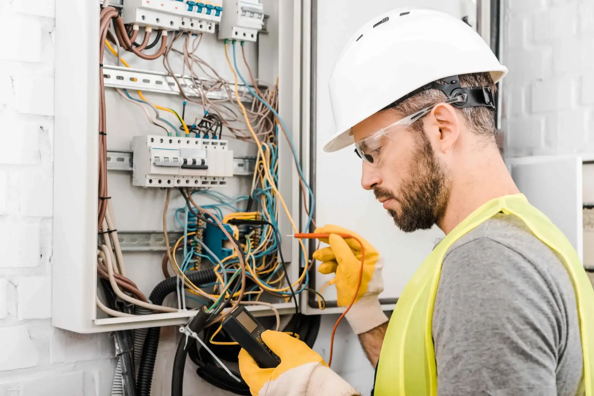 Electrician in safety gear testing voltage on a distribution board with a multimeter, electrical safety inspection services in Dubai by Limech
