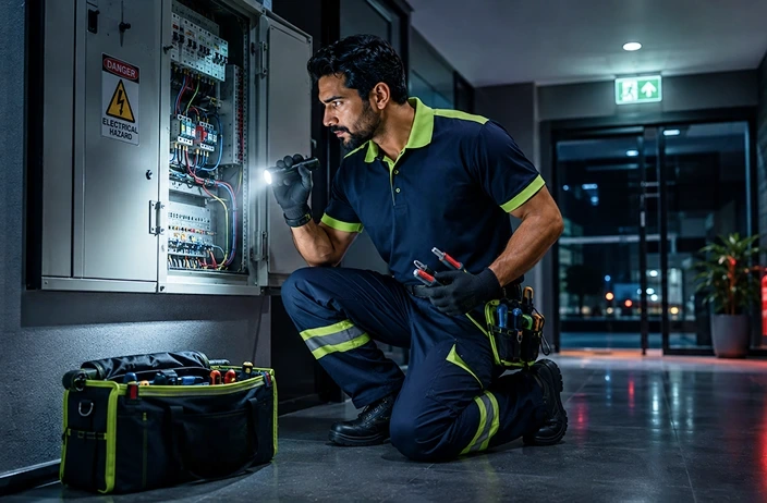 Limech technician using a torch to inspect an electrical panel at night, emergency electrical repair services in Dubai