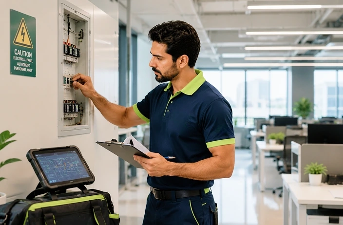 Limech technician inspecting an electrical panel in a modern office, preventive maintenance and electrical inspection services in Dubai