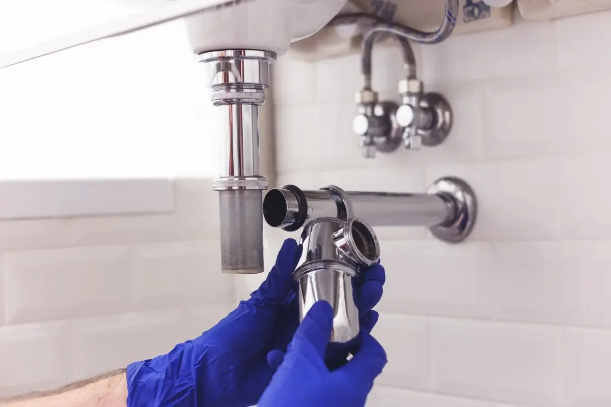 Plumber installing a chrome sink trap under a wash basin, plumbing installation and fitting services in Dubai by Limech