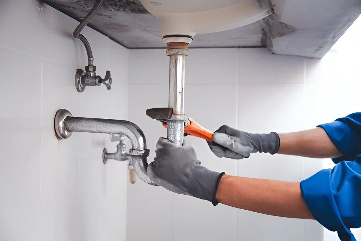 Plumber tightening a sink drain pipe with a wrench, plumbing repair and maintenance services in Dubai by Limech